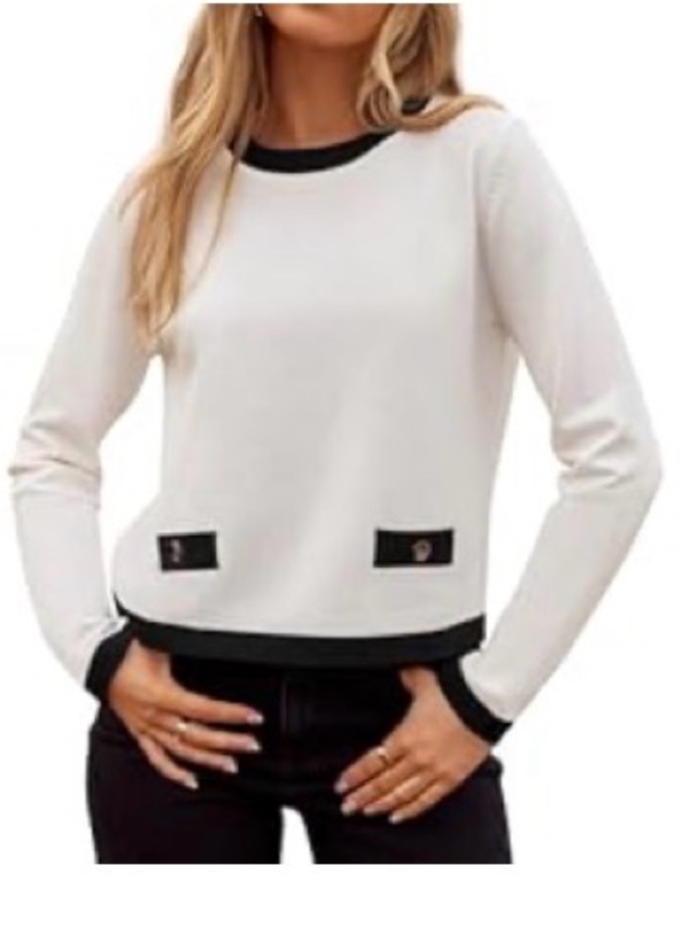 White Crewneck Sweater with Black Trim